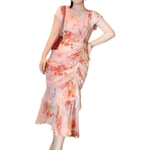 PEACH FLORAL CREPE SILK PRINTED GATHETED MAXI DRESS